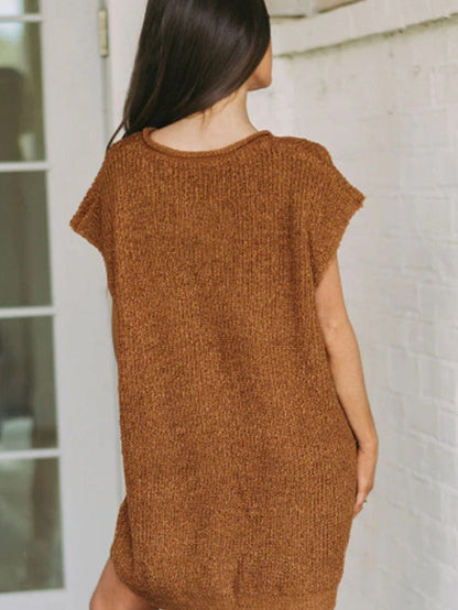 Cozy Camel Knit V-Neck Mini Sweater Dress