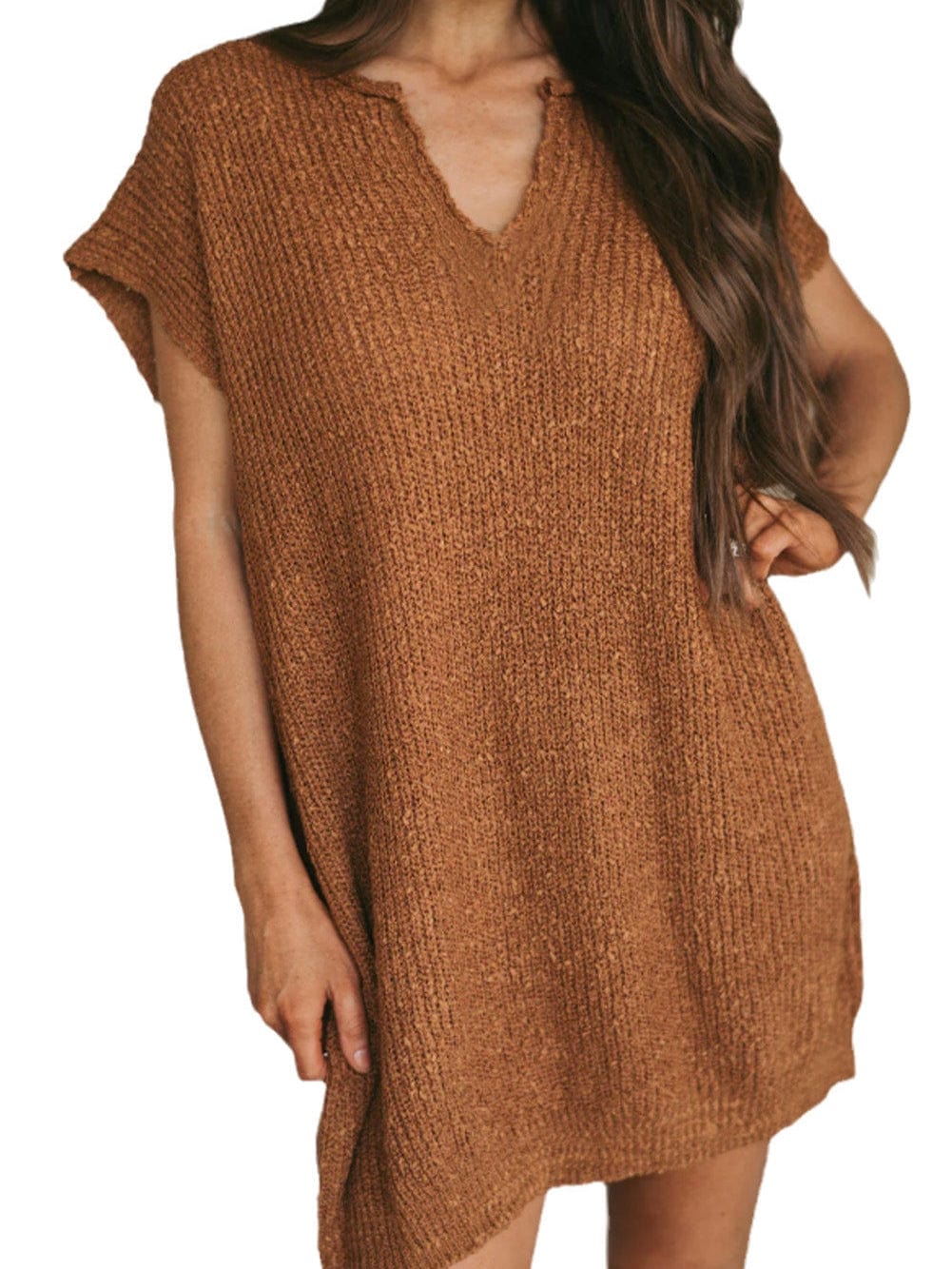 Cozy Camel Knit V-Neck Mini Sweater Dress