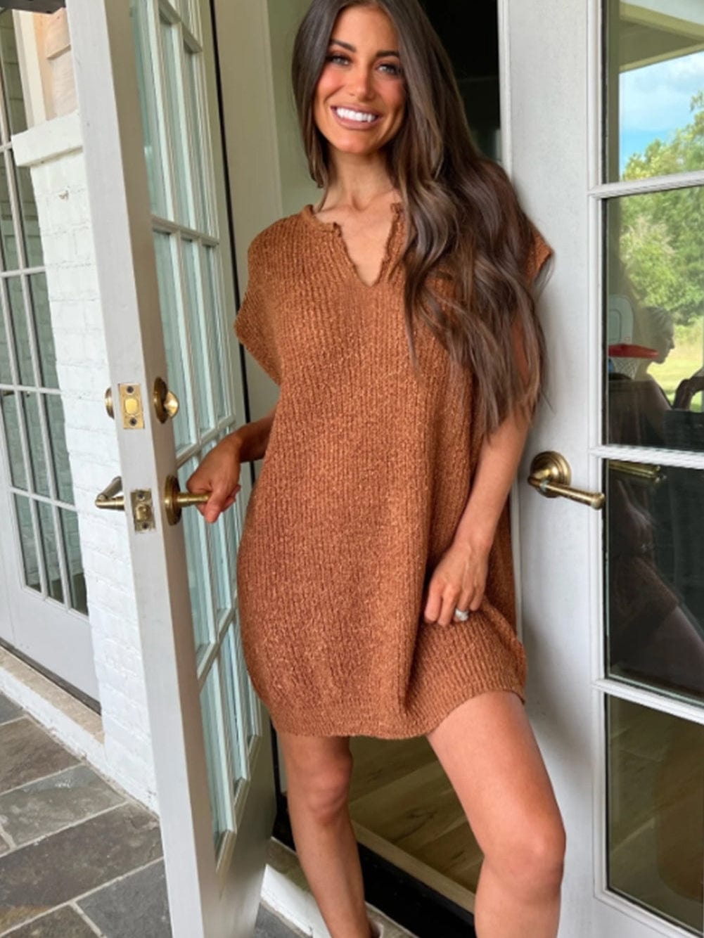 Cozy Camel Knit V-Neck Mini Sweater Dress