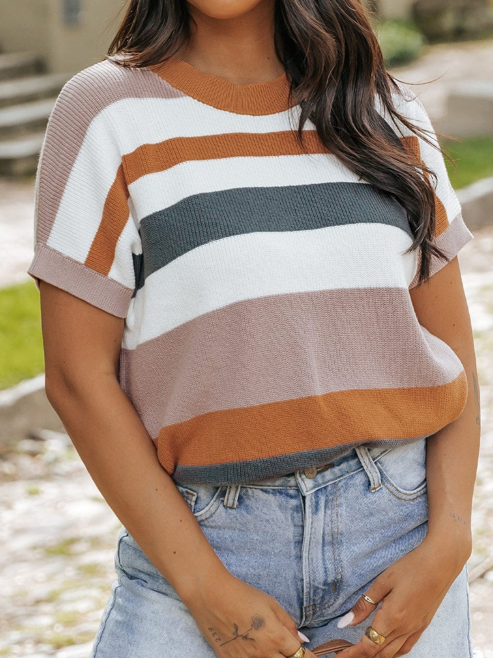 Cozy Camel Striped Short Sleeve Knit Sweater
