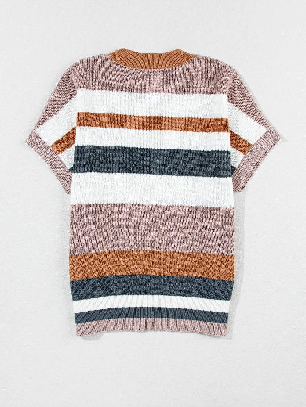 Cozy Camel Striped Short Sleeve Knit Sweater