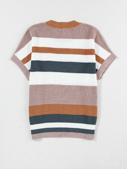 Cozy Camel Striped Short Sleeve Knit Sweater