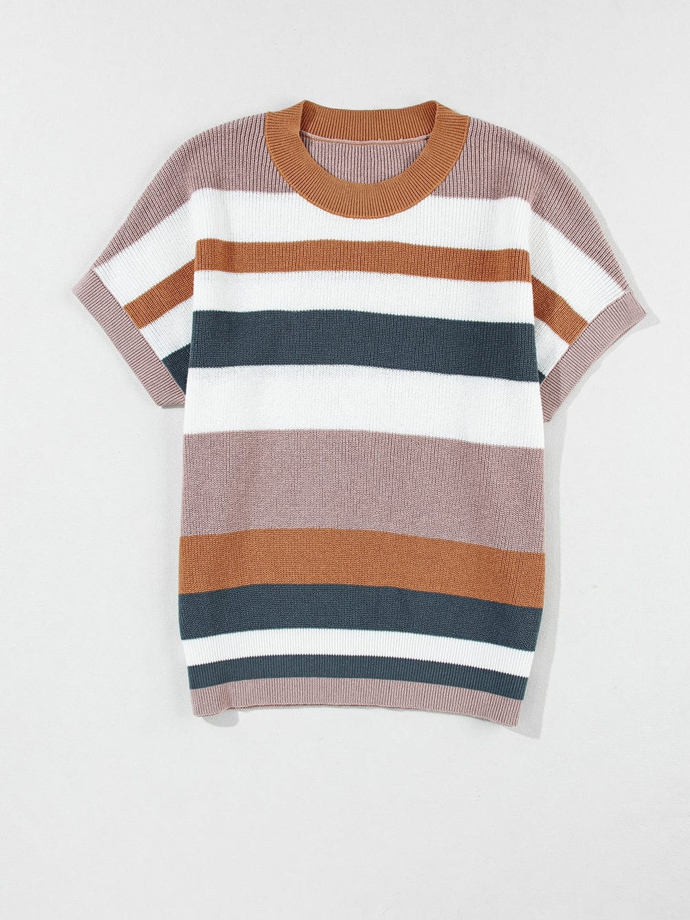Cozy Camel Striped Short Sleeve Knit Sweater