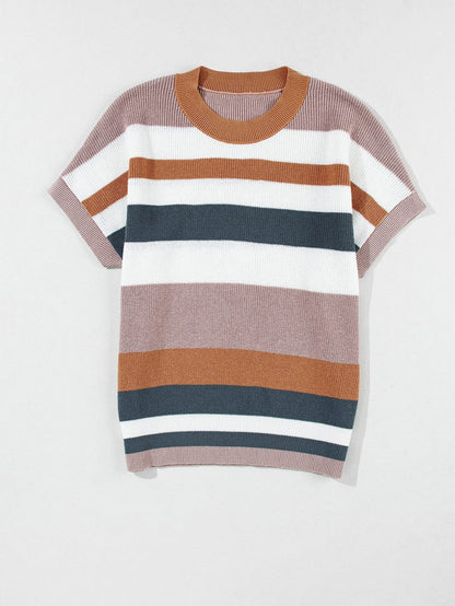 Cozy Camel Striped Short Sleeve Knit Sweater