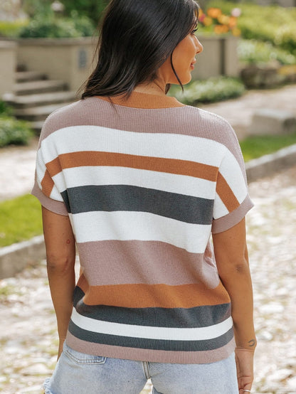 Cozy Camel Striped Short Sleeve Knit Sweater