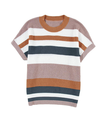 Cozy Camel Striped Short Sleeve Knit Sweater