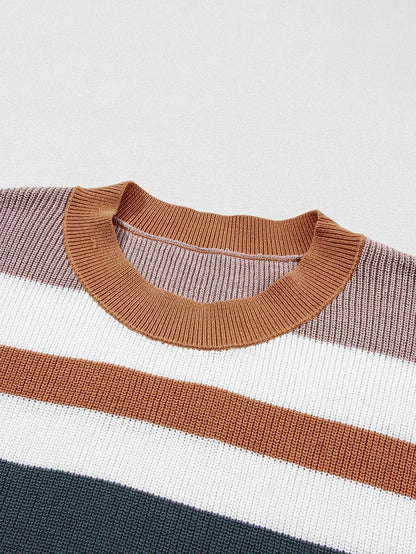 Cozy Camel Striped Short Sleeve Knit Sweater