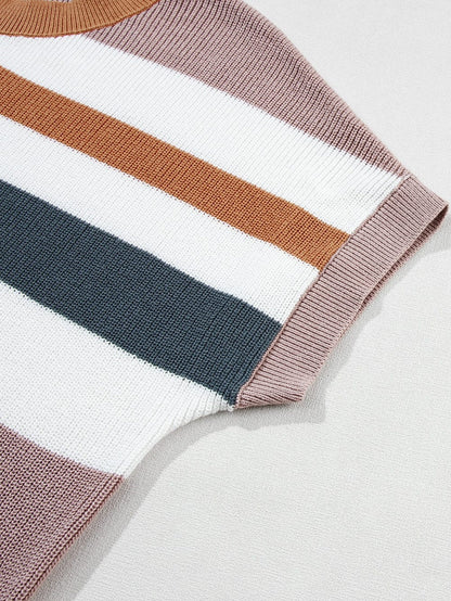 Cozy Camel Striped Short Sleeve Knit Sweater