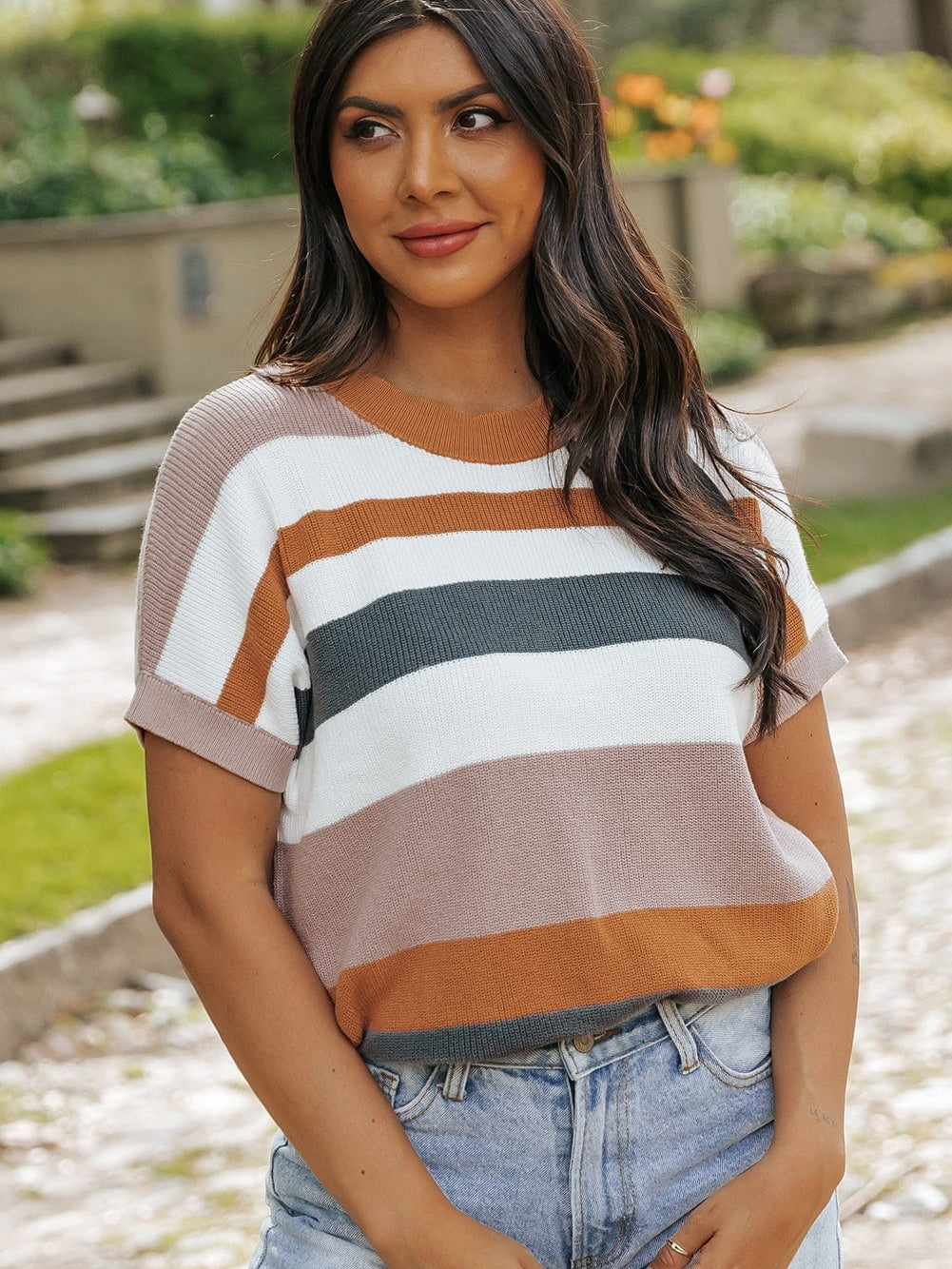 Cozy Camel Striped Short Sleeve Knit Sweater