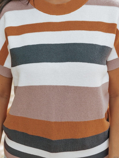 Cozy Camel Striped Short Sleeve Knit Sweater