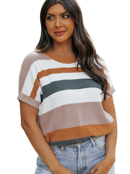 Cozy Camel Striped Short Sleeve Knit Sweater