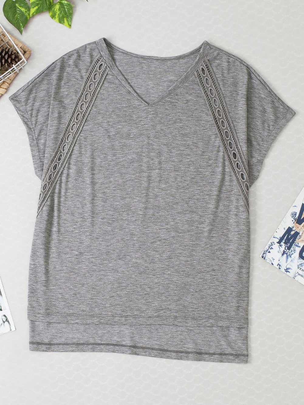 Cozy Gray Crochet Lace Bat Sleeve Tunic