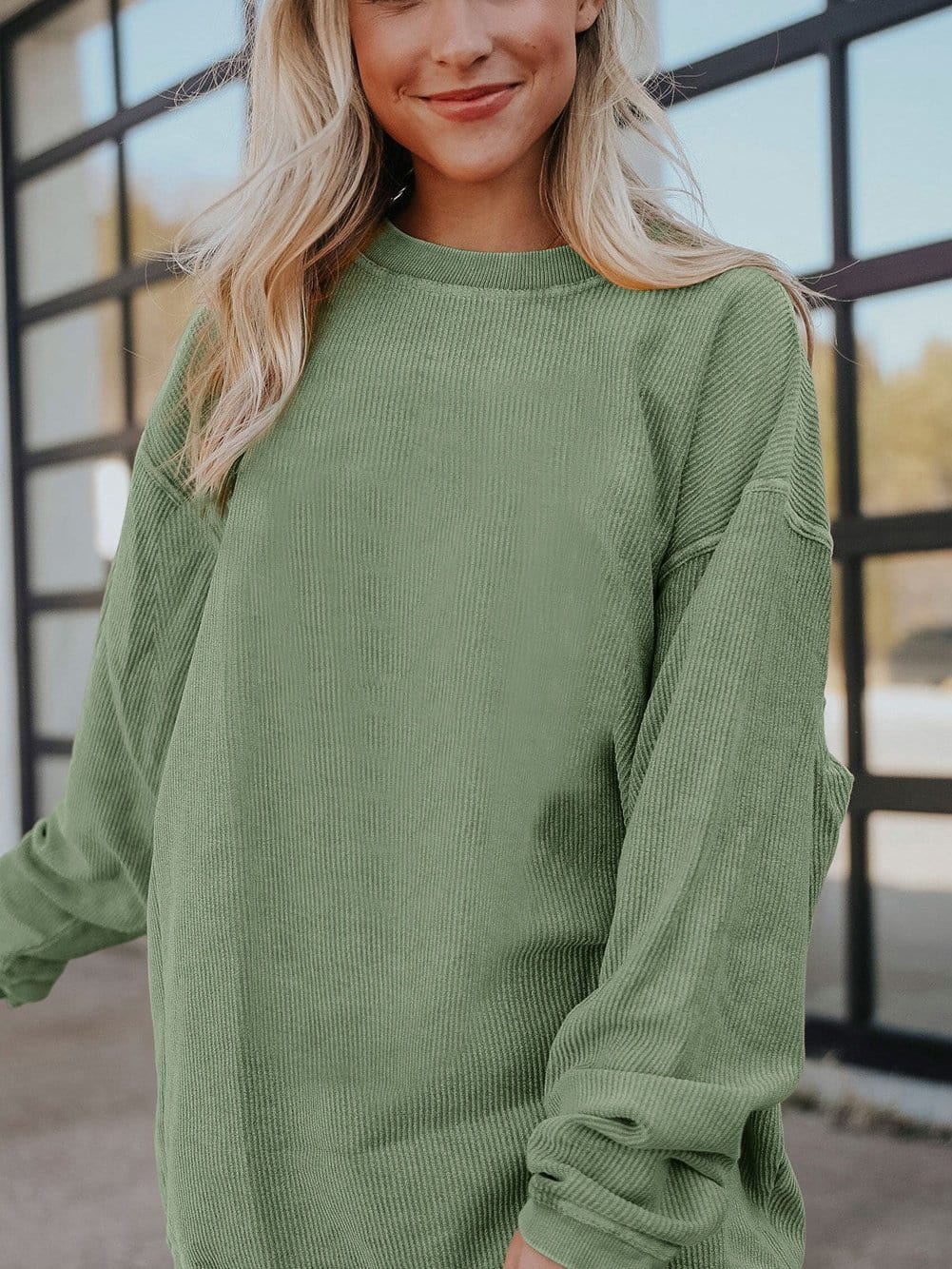 Cozy Green Corduroy Sweatshirt with Ribbed Details