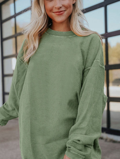 Cozy Green Corduroy Sweatshirt with Ribbed Details
