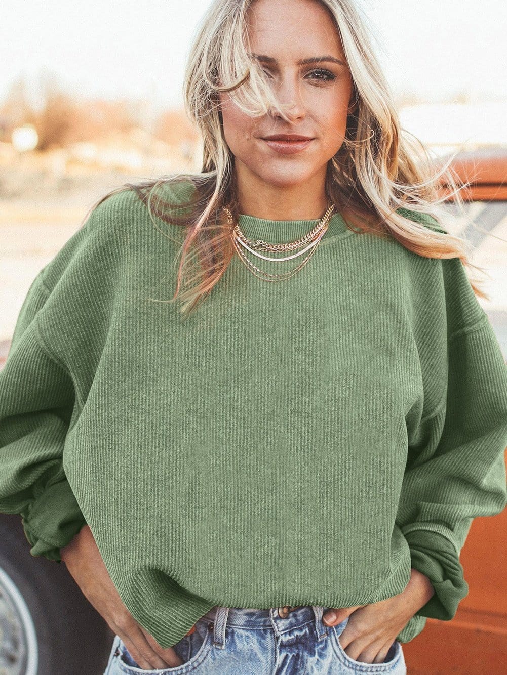 Cozy Green Corduroy Sweatshirt with Ribbed Details