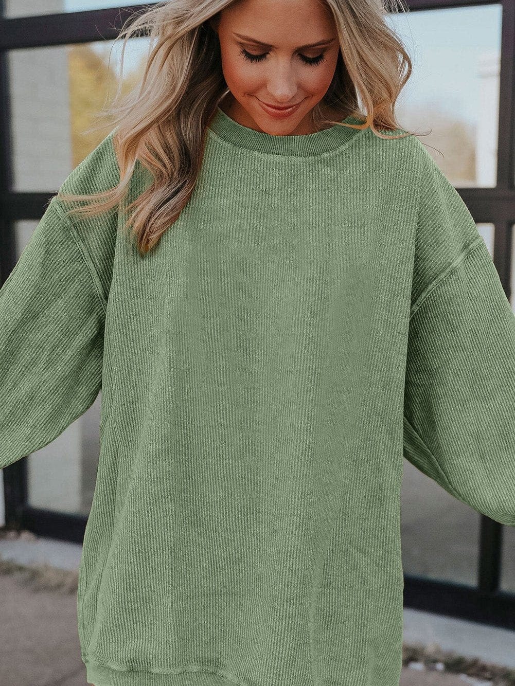 Cozy Green Corduroy Sweatshirt with Ribbed Details