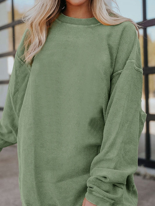 Cozy Green Corduroy Sweatshirt with Ribbed Details