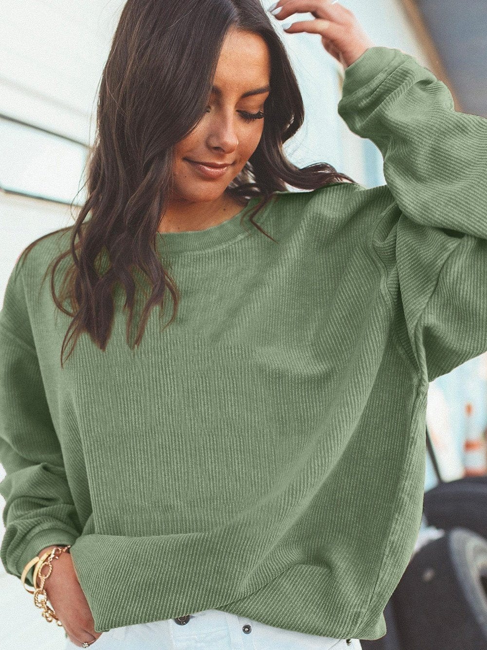 Cozy Green Corduroy Sweatshirt with Ribbed Details