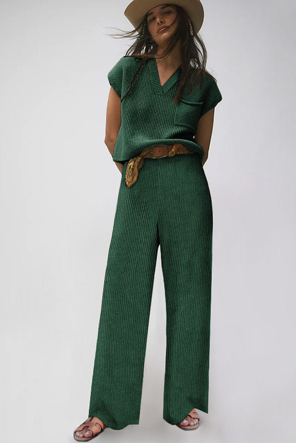 Cozy Green Ribbed Knit Two-Piece Set with V Neck Sweater and Wide Leg Pants