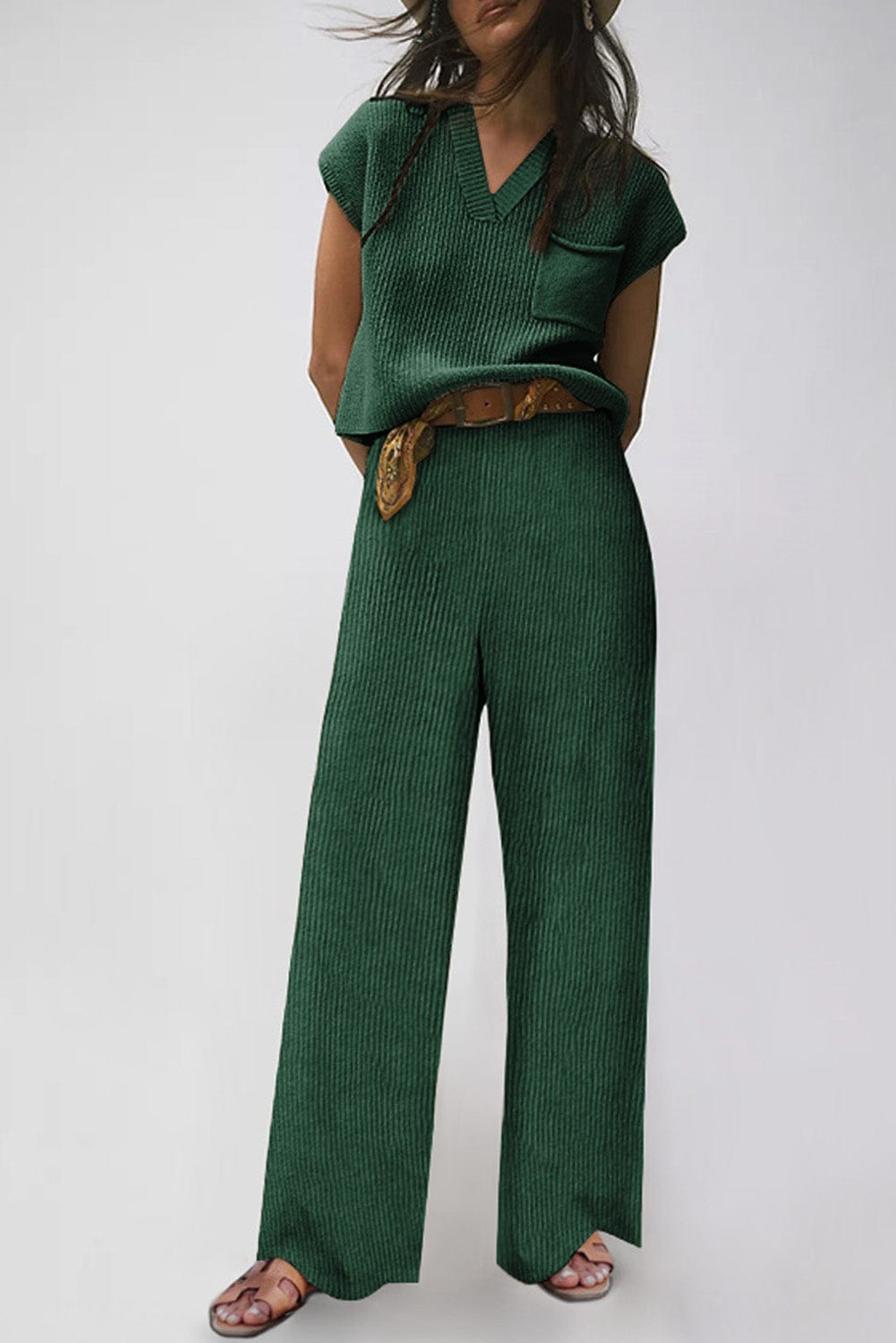 Cozy Green Ribbed Knit Two-Piece Set with V Neck Sweater and Wide Leg Pants