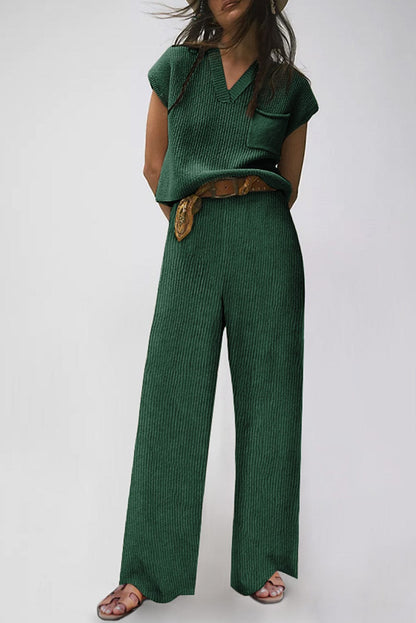 Cozy Green Ribbed Knit Two-Piece Set with V Neck Sweater and Wide Leg Pants