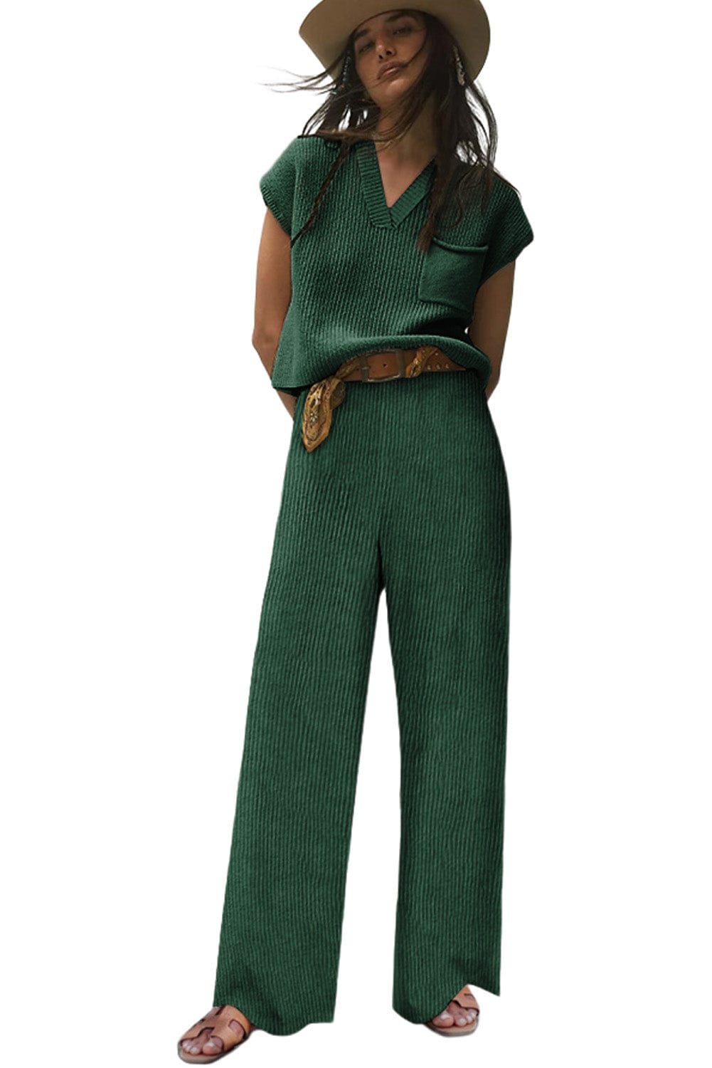 Cozy Green Ribbed Knit Two-Piece Set with V Neck Sweater and Wide Leg Pants