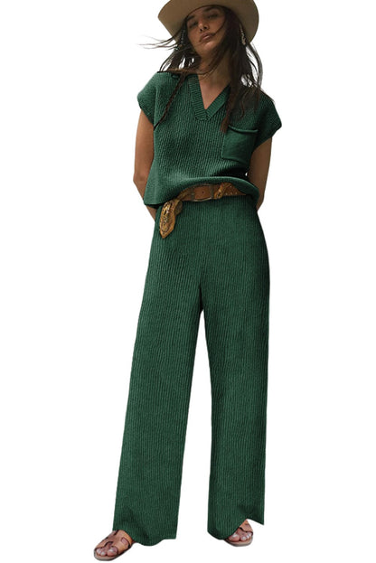 Cozy Green Ribbed Knit Two-Piece Set with V Neck Sweater and Wide Leg Pants