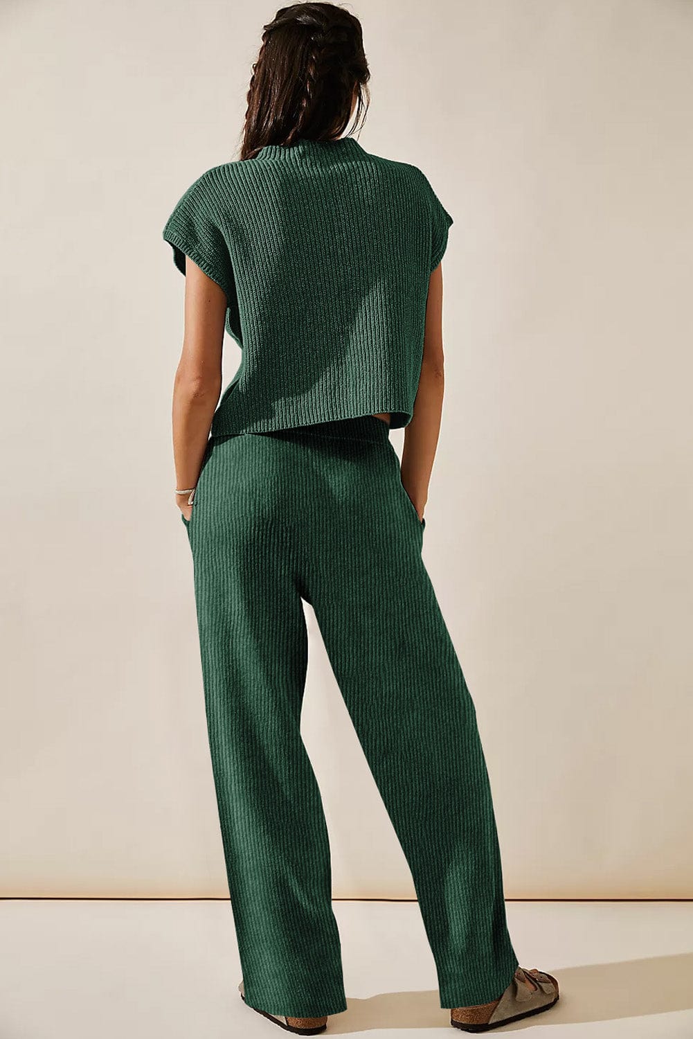 Cozy Green Ribbed Knit Two-Piece Set with V Neck Sweater and Wide Leg Pants
