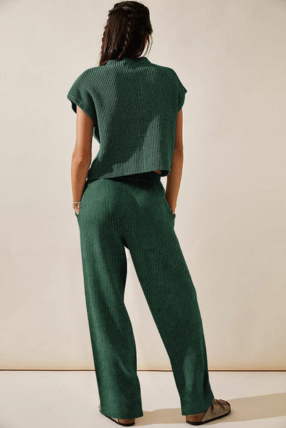 Cozy Green Ribbed Knit Two-Piece Set with V Neck Sweater and Wide Leg Pants