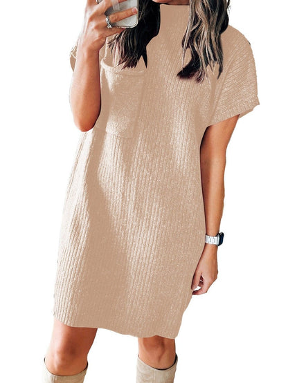 Cozy Oatmeal Ribbed Knit Sweater Dress with Patch Pocket