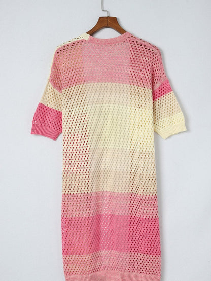 Cozy Pink Ombre Eyelet Knit Cardigan with Short Sleeves