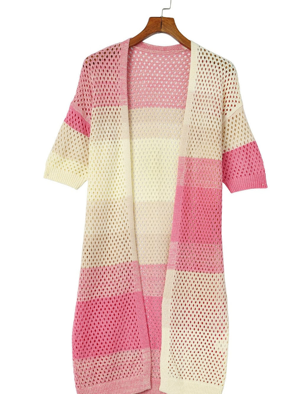 Cozy Pink Ombre Eyelet Knit Cardigan with Short Sleeves