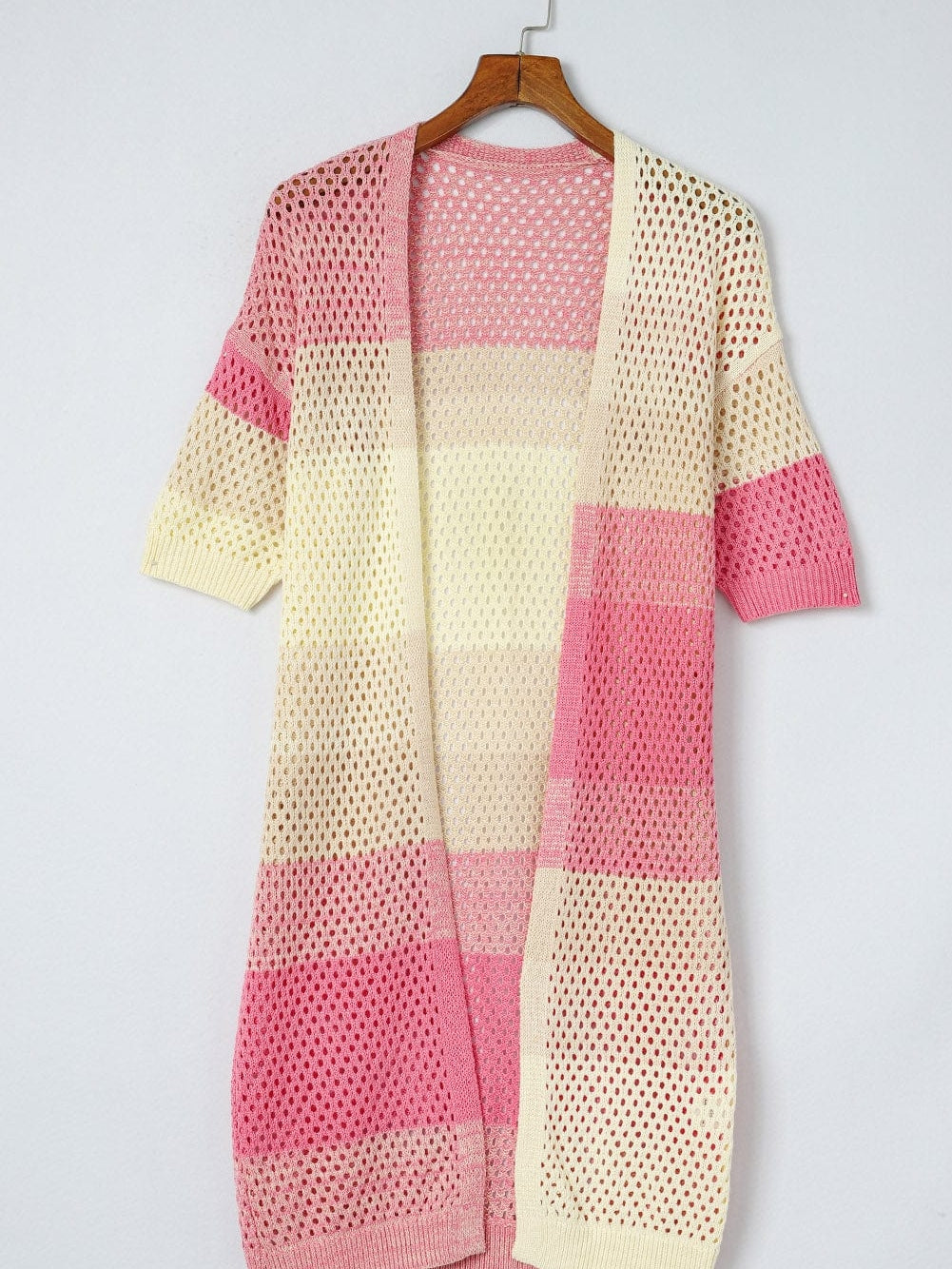 Cozy Pink Ombre Eyelet Knit Cardigan with Short Sleeves