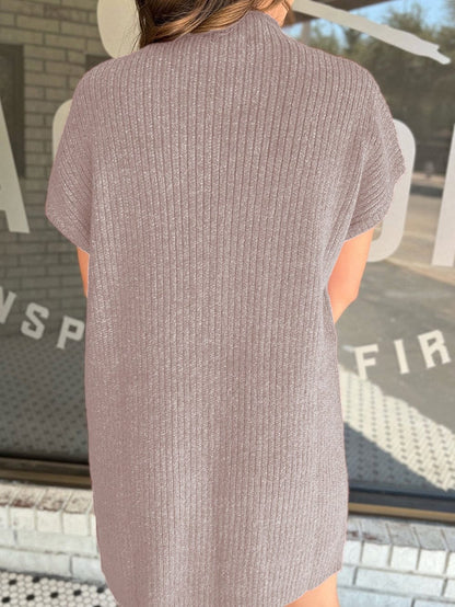 Cozy Taupe Ribbed Knit Sweater Dress with Patch Pocket