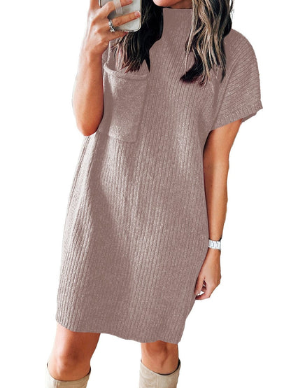 Cozy Taupe Ribbed Knit Sweater Dress with Patch Pocket