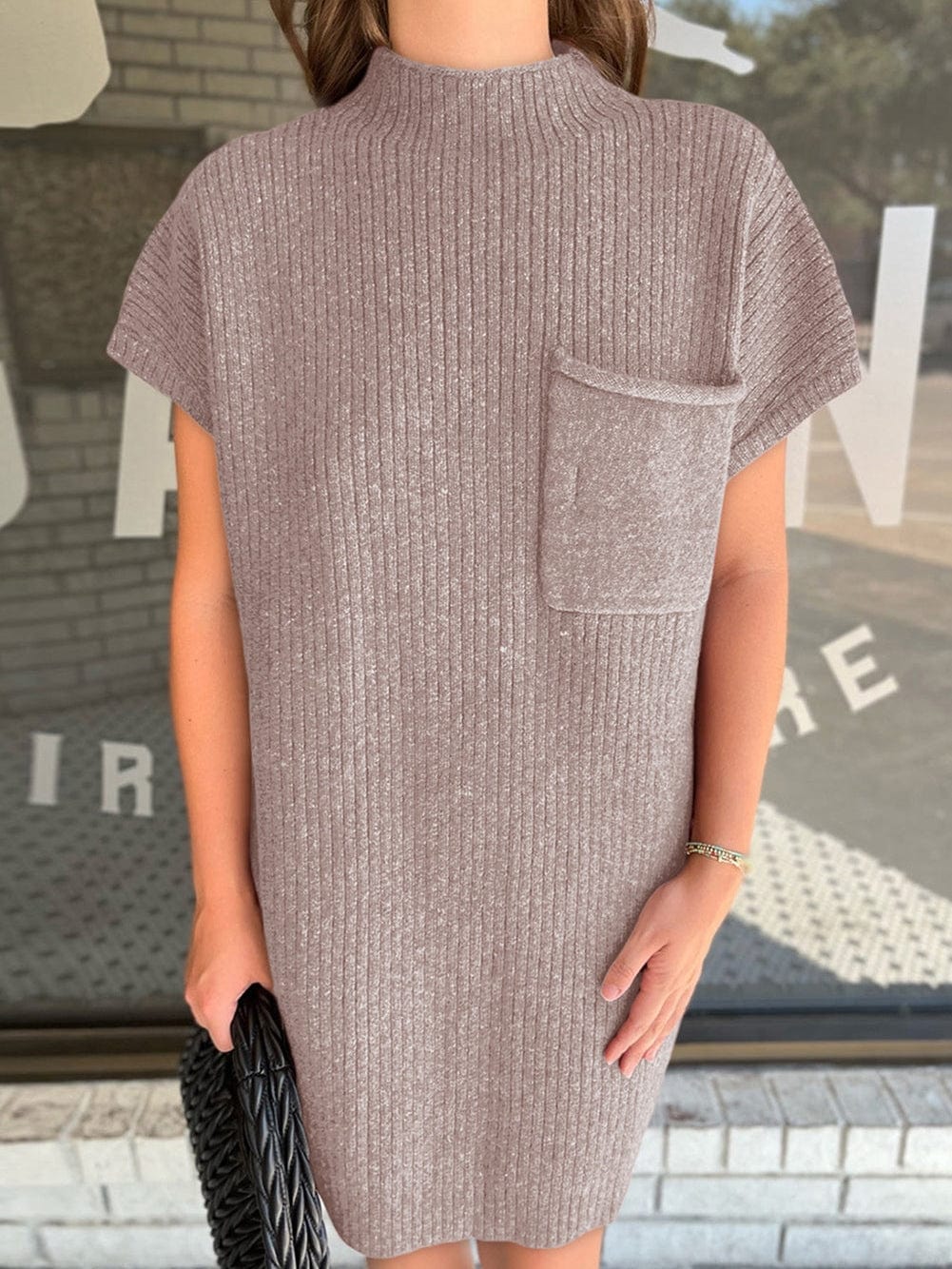 Cozy Taupe Ribbed Knit Sweater Dress with Patch Pocket