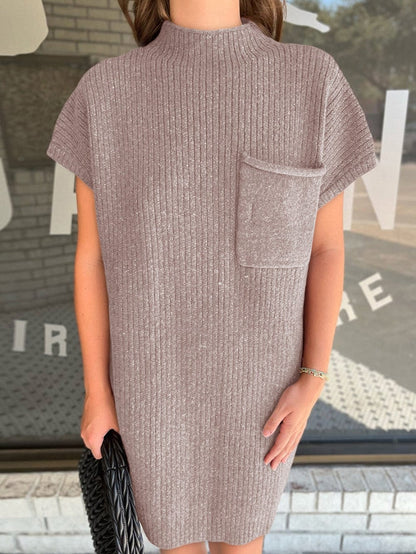 Cozy Taupe Ribbed Knit Sweater Dress with Patch Pocket