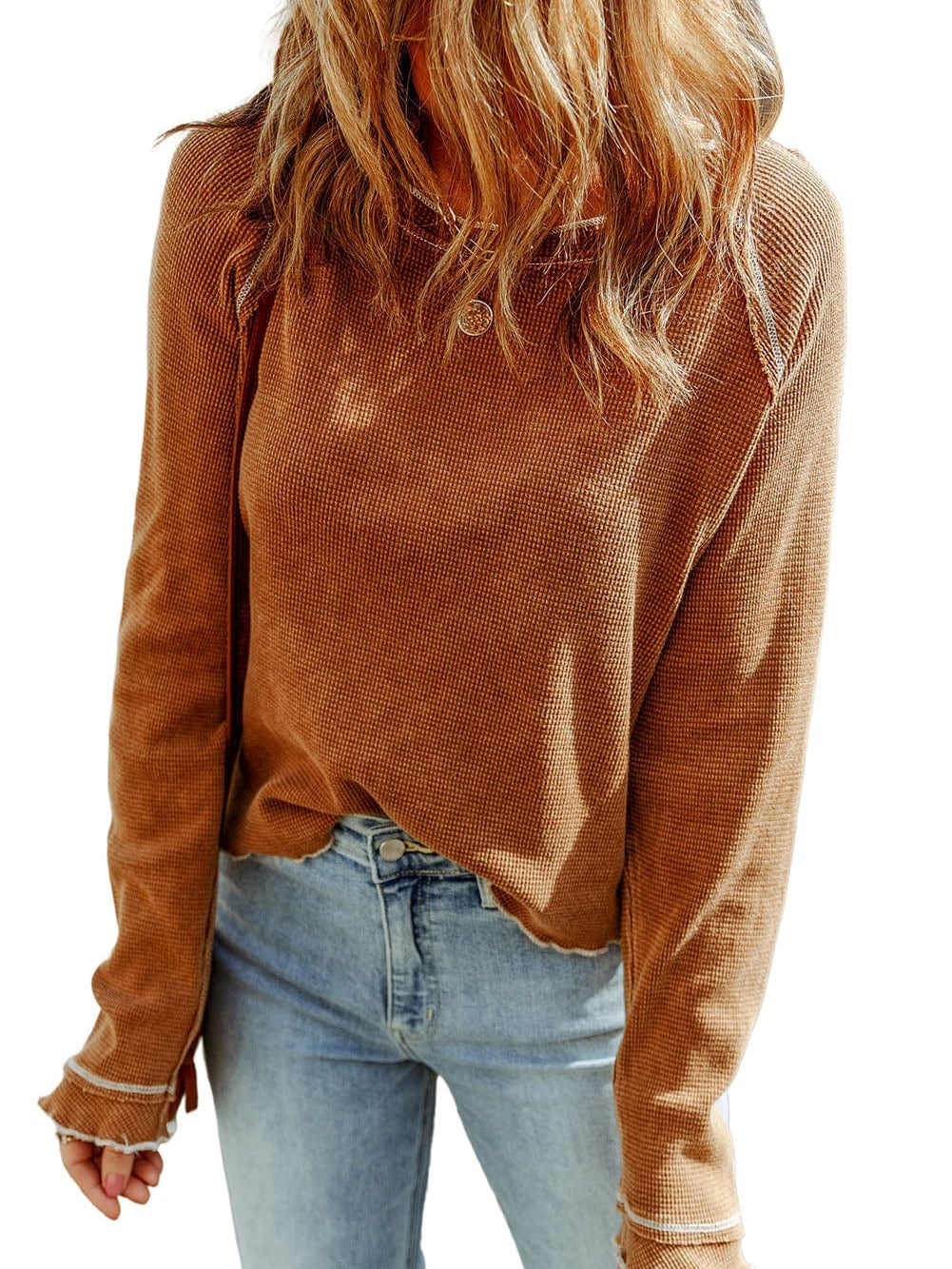 Cozy Waffle Knit Orange Top with Long Sleeves