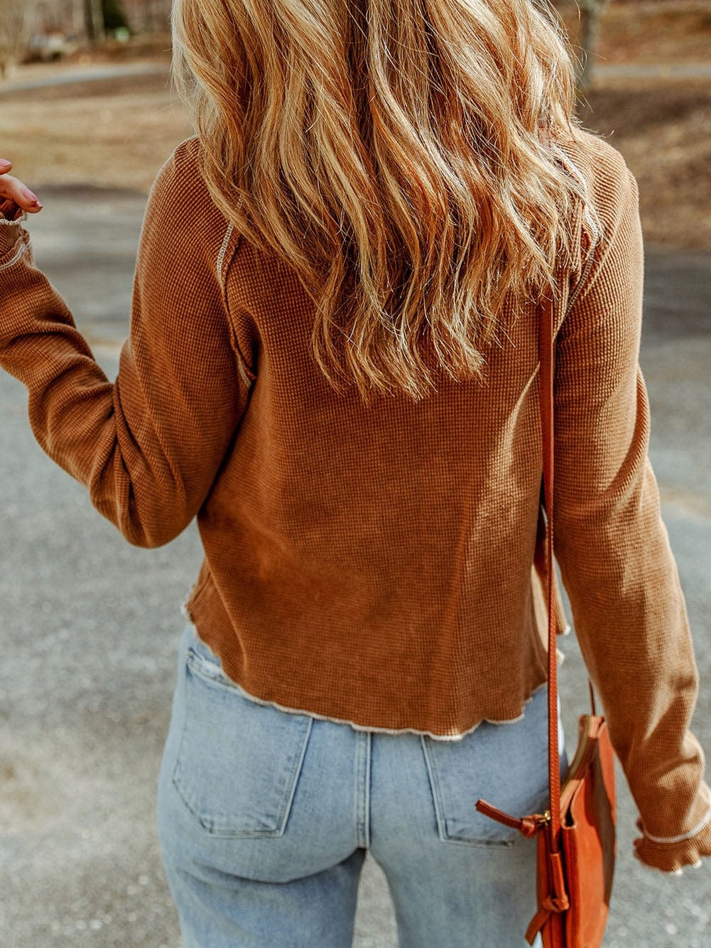 Cozy Waffle Knit Orange Top with Long Sleeves