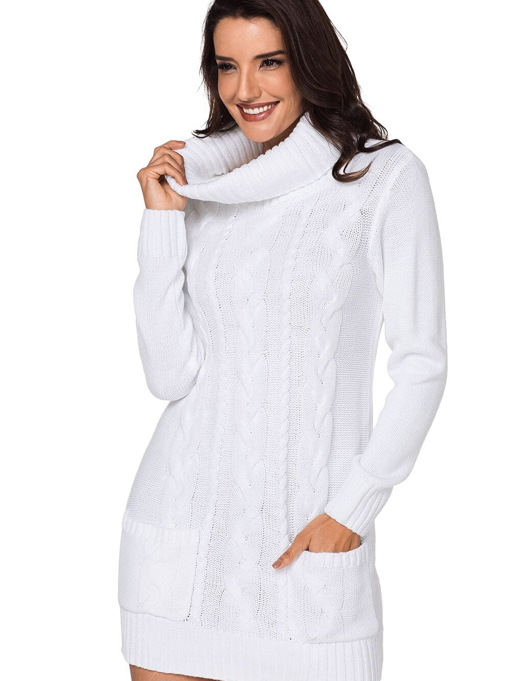 Cozy White Cable Knit Sweater Dress with Cowl Neck