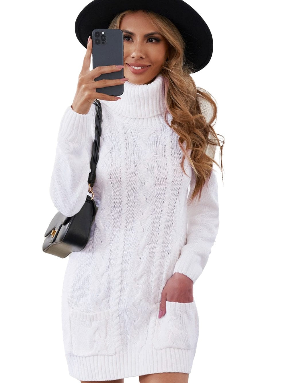 Cozy White Cable Knit Sweater Dress with Cowl Neck