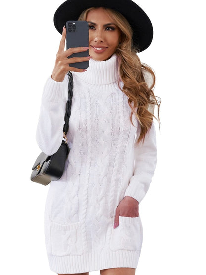 Cozy White Cable Knit Sweater Dress with Cowl Neck