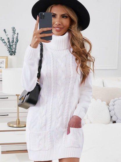 Cozy White Cable Knit Sweater Dress with Cowl Neck