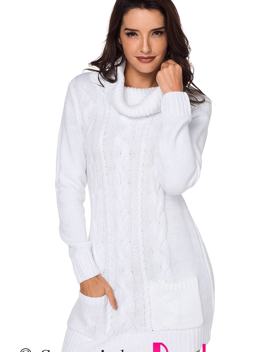Cozy White Cable Knit Sweater Dress with Cowl Neck