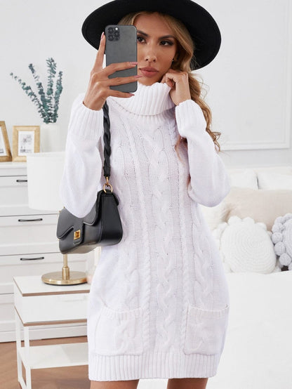Cozy White Cable Knit Sweater Dress with Cowl Neck