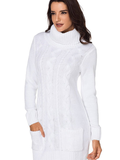 Cozy White Cable Knit Sweater Dress with Cowl Neck