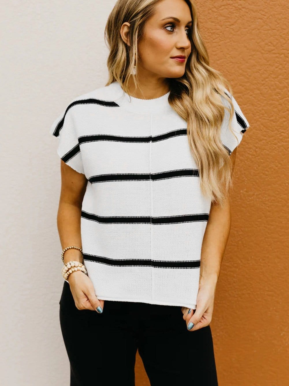 Cozy White Striped Batwing Sleeve Knit Top