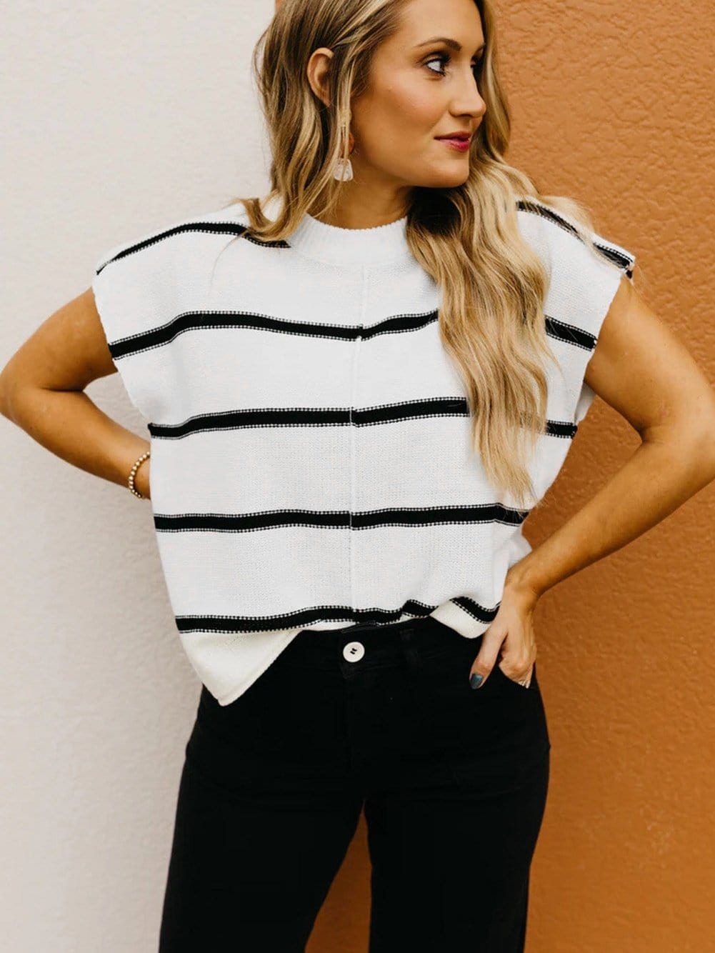 Cozy White Striped Batwing Sleeve Knit Top