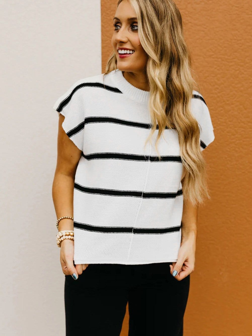 Cozy White Striped Batwing Sleeve Knit Top