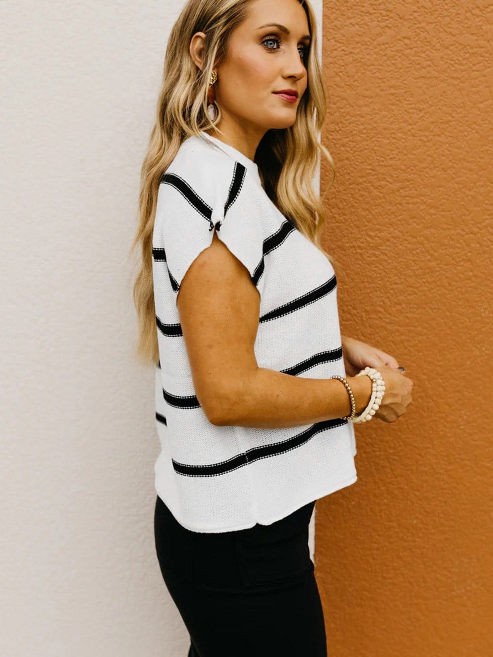 Cozy White Striped Batwing Sleeve Knit Top